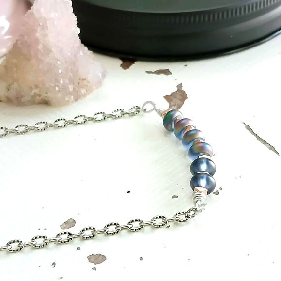 Holographic Glass & Plated Hematite Crystal Bar Choker Necklace, 14" - Picture 2 of 4